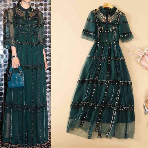 casual dresses wind summer women's wear heavy industry embroidery mesh long skirt lapel medium sleeve green dress, Black;gray